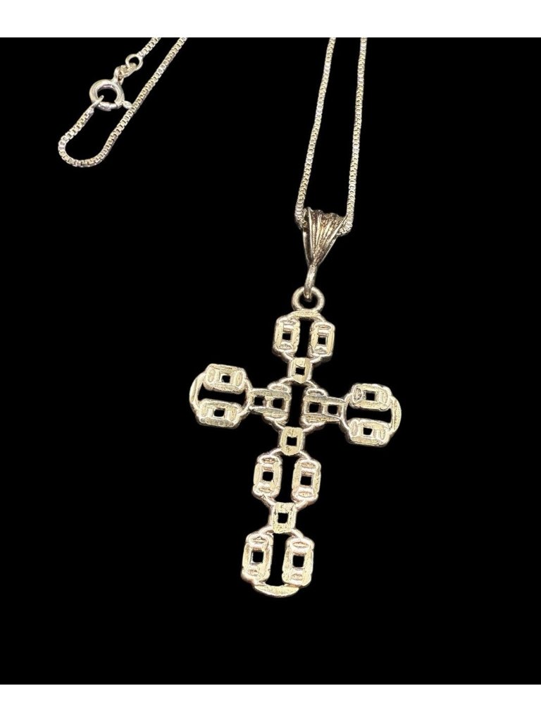 Vintage Modernist Sterling Silver Cross Pendant 925 Italy Box Chain Necklace 17”